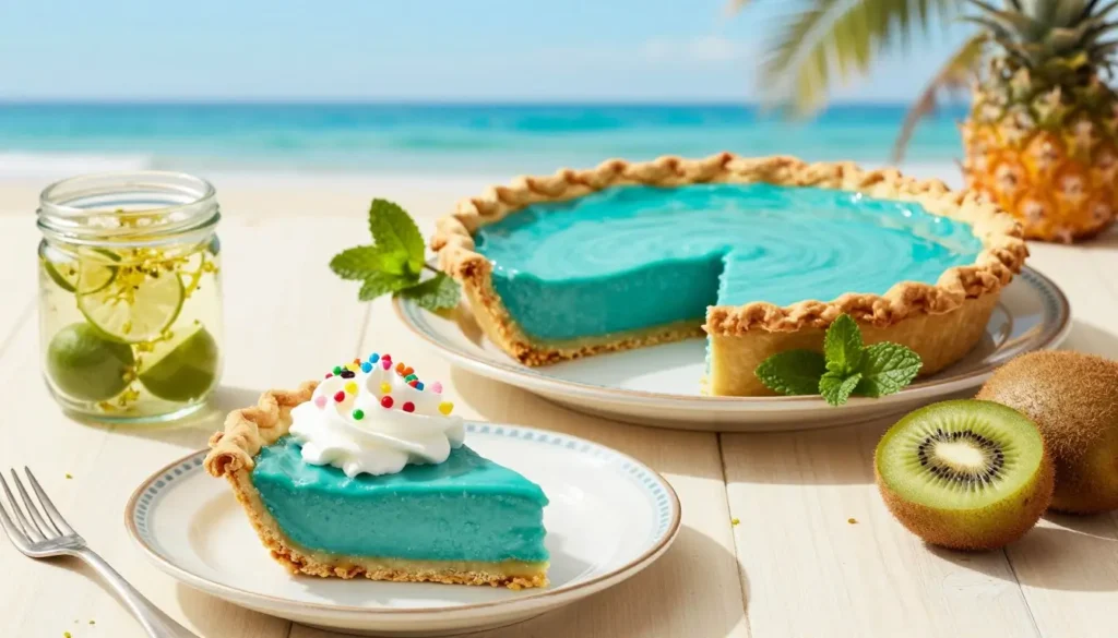 Mountain Dew Baja Blast pie served with a creamy blue filling and flaky crust, styled with tropical fruit on a bright beach-inspired table.