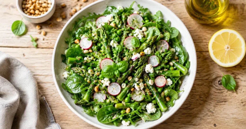 Spring salad recipe with asparagus, peas, radishes, feta cheese, basil and lemon herb vinaigrette in a white bowl.