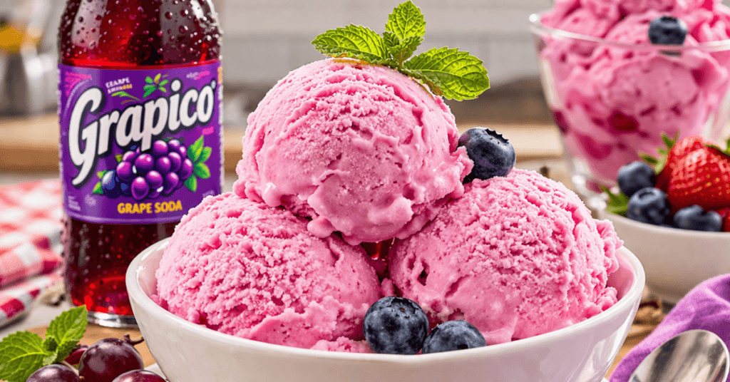 Bowl of bright pink Grapico ice cream scoops with blueberries and mint, styled beside a bottle of Grapico grape soda.