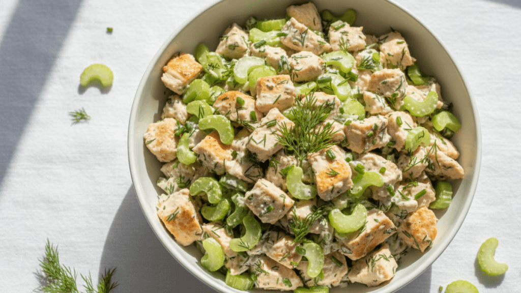 Healthy chicken salad with Greek yogurt, celery, and fresh herbs served in a bowl