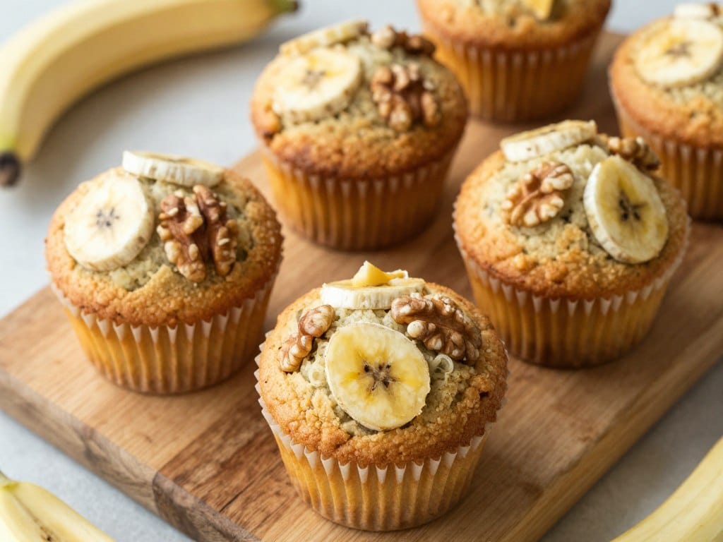 banana nut muffins with visible banana pieces and walnut chunks