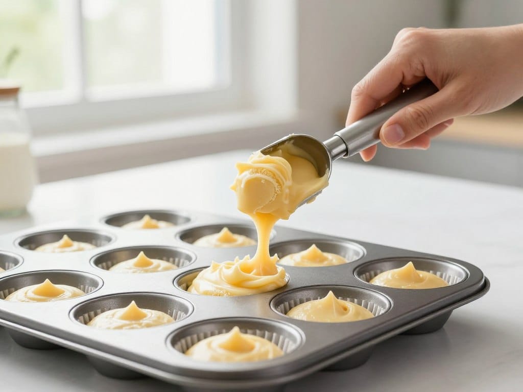 filling muffin tin cups with batter using an ice cream scoop
