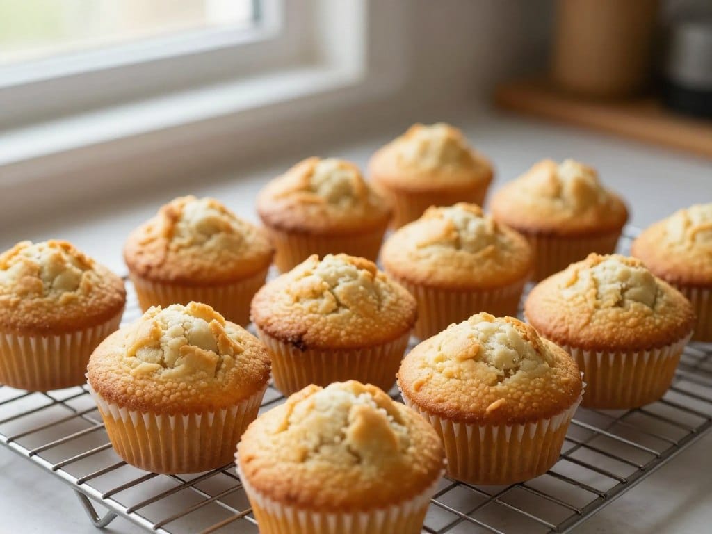 freshly baked simple moist muffins arranged on a cooling rack with golden tops and tender texture