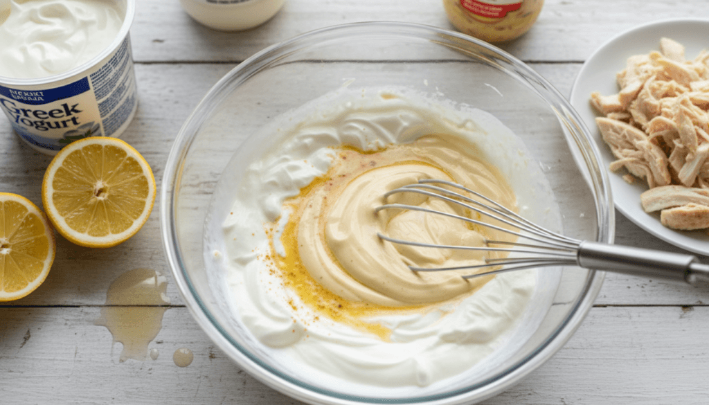 Mixing Greek yogurt, Dijon mustard, and lemon juice to make healthy chicken salad dressing