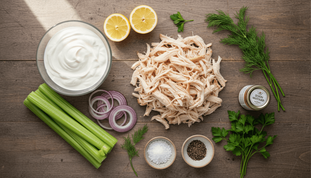 Ingredients for healthy chicken salad including shredded chicken, Greek yogurt, celery, red onion, lemon, Dijon mustard, and fresh herbs
