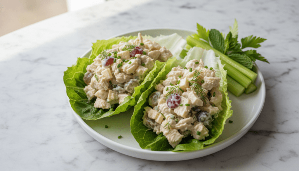 Healthy chicken salad lettuce wraps with Greek yogurt, grapes, and celery served on a plate