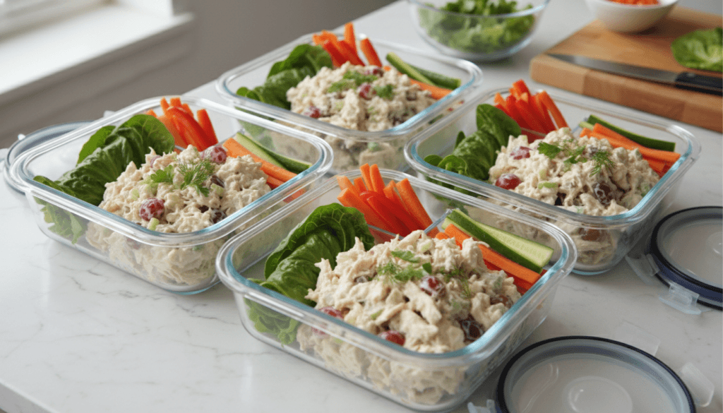 Healthy chicken salad meal prep in glass containers with vegetables and lettuce for high-protein lunches