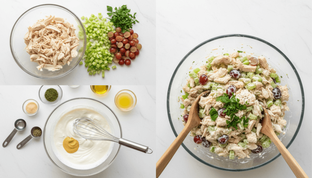 Step-by-step healthy chicken salad recipe showing ingredients, Greek yogurt dressing, and mixing chicken with celery and grapes