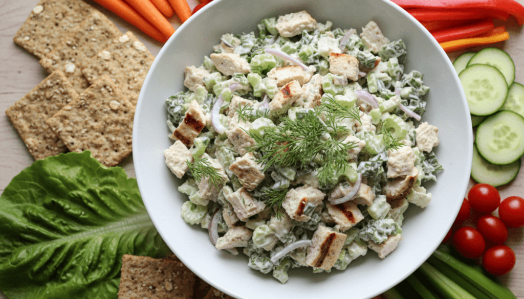 Healthy chicken salad with celery, herbs, and yogurt dressing served with fresh vegetables and whole grain crackers