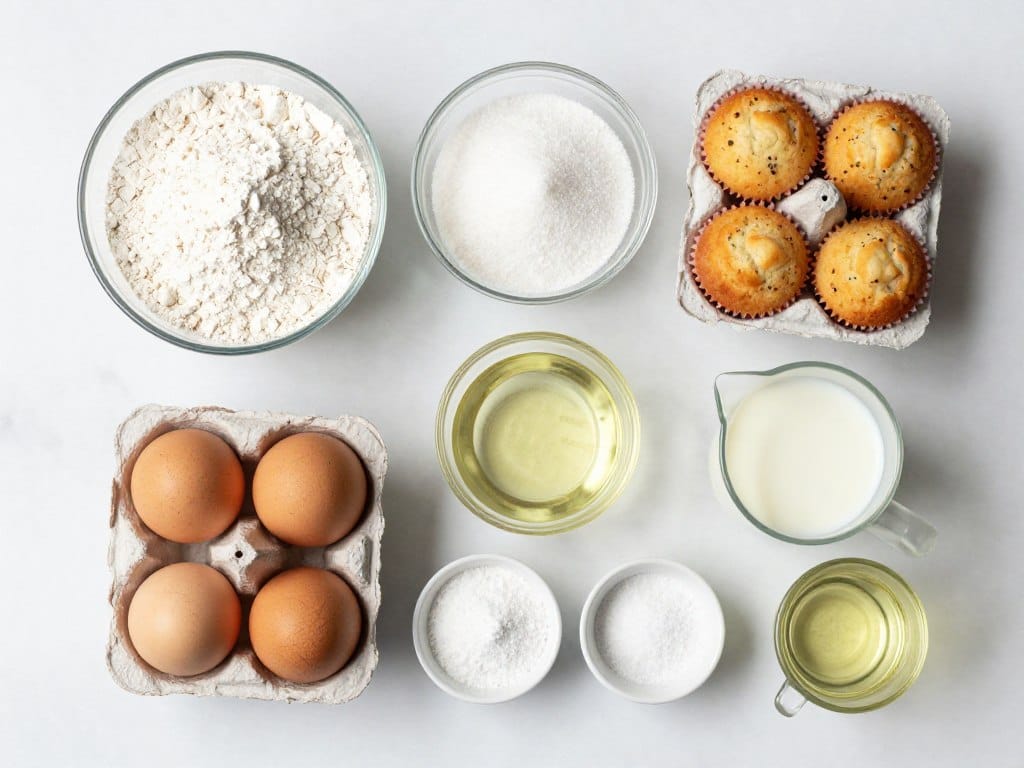 ingredients for simple moist muffin recipe including flour, sugar, eggs, milk, and oil arranged on marble countertop