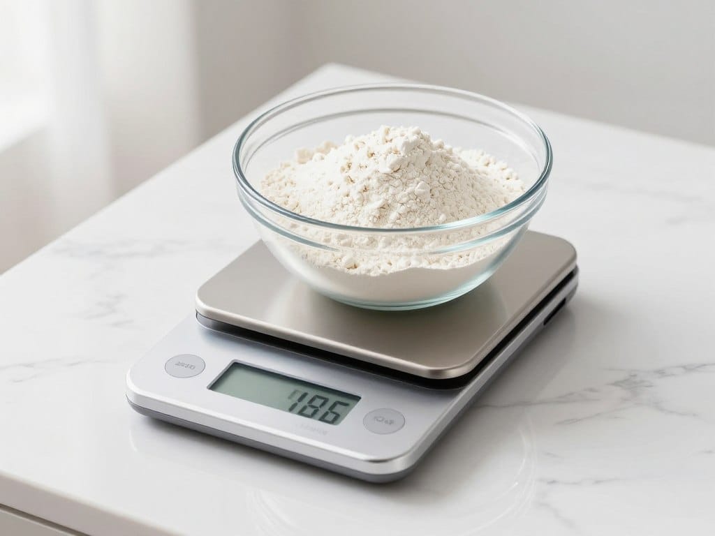 kitchen scale weighing flour in bowl for precise muffin recipe measurements