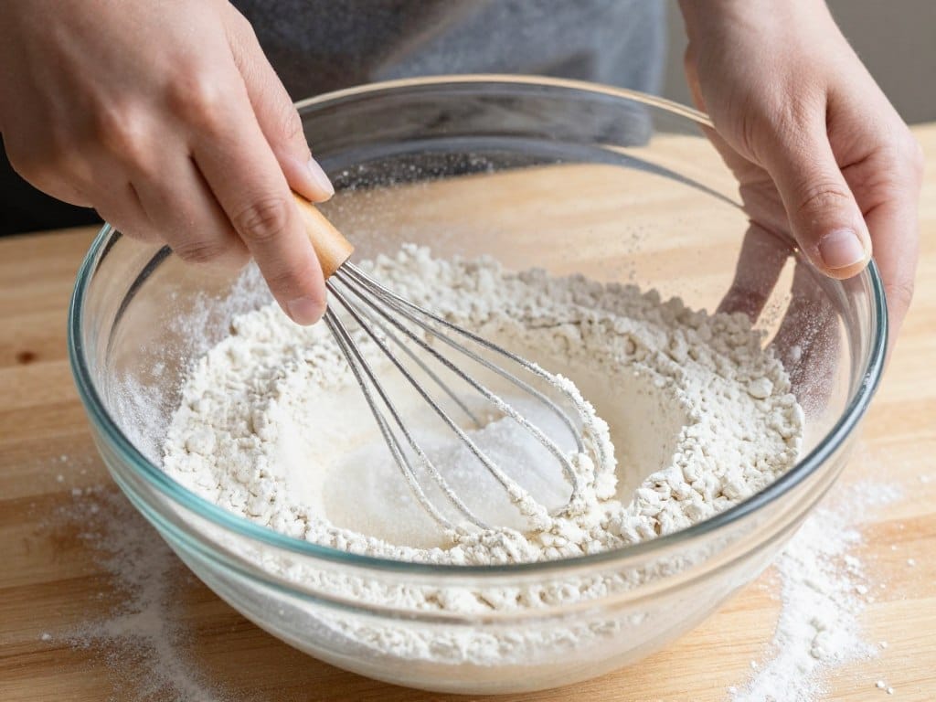 mixing dry ingredients for muffin recipe in a large bowl with whisk