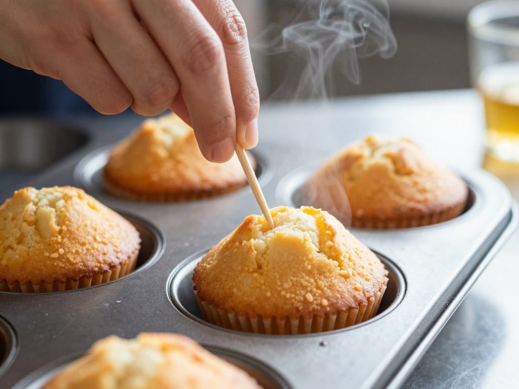 perfectly baked muffins with golden tops being tested with toothpick