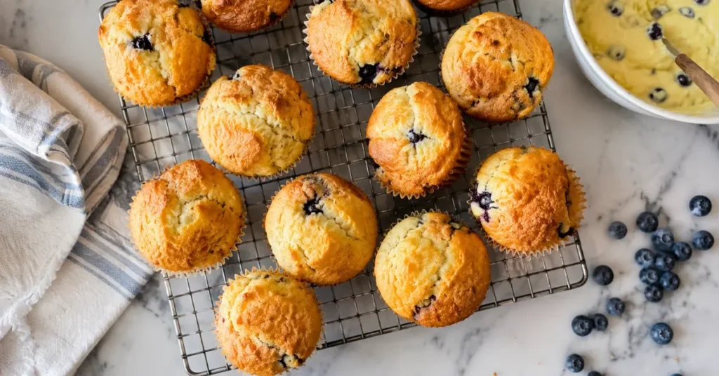 Simple moist muffin recipe with freshly baked golden muffins cooling on a wire rack.