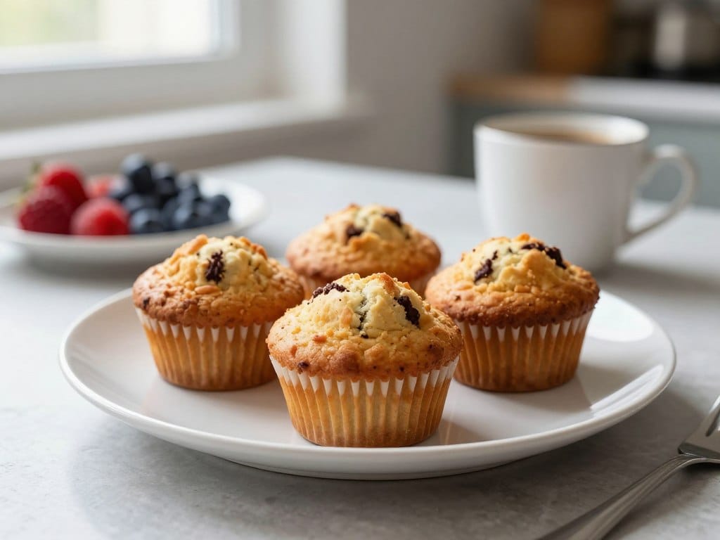 simple moist muffins served on breakfast table with coffee and fresh fruit