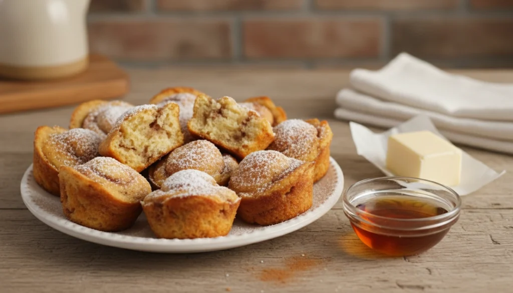 Cinnamon Sugar French Toast Muffins served on a plate with powdered sugar, maple syrup, and butter on a rustic kitchen table.