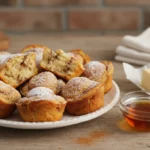 Cinnamon Sugar French Toast Muffins served on a plate with powdered sugar, maple syrup, and butter on a rustic kitchen table.