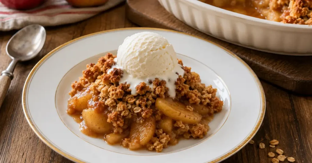 Easy apple crumble recipe served warm with vanilla ice cream and golden oat crumble topping.