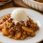 Easy apple crumble recipe served warm with vanilla ice cream and golden oat crumble topping.