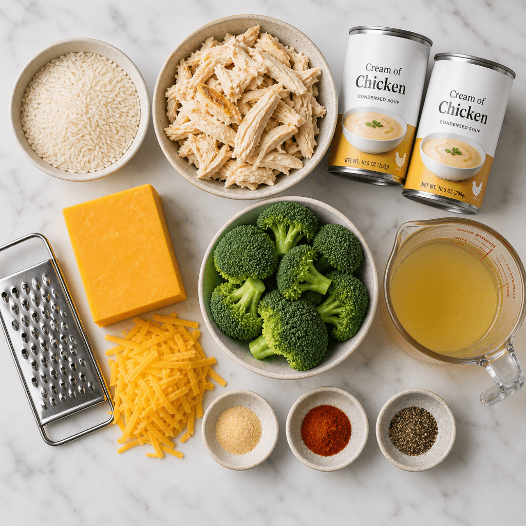 Raw ingredients for a simple cheesy chicken and rice casserole arranged in a flat lay with white rice, shredded chicken, cream of chicken soup, cheddar cheese, broccoli, chicken broth, and spices.