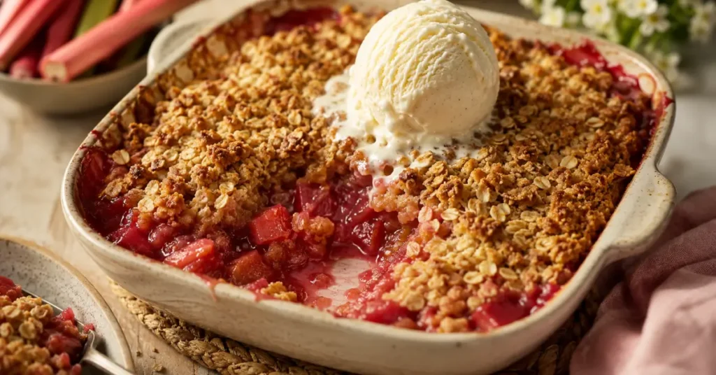 Rhubarb crisp recipe in a rustic baking dish with a golden oat topping, bubbling jammy filling, and melting vanilla ice cream, an easy old fashioned rhubarb dessert.