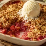 Rhubarb crisp recipe in a rustic baking dish with a golden oat topping, bubbling jammy filling, and melting vanilla ice cream, an easy old fashioned rhubarb dessert.