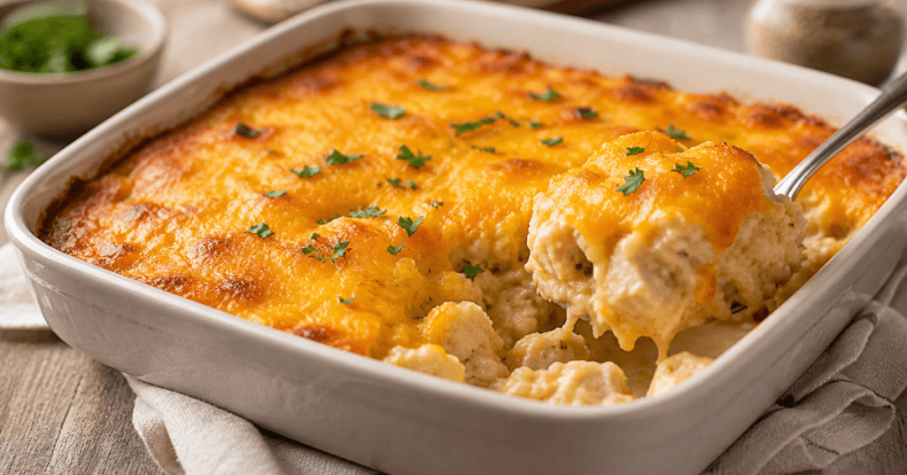 Simple cheesy chicken and rice casserole baked in a white dish with golden melted cheddar, creamy rice, and tender chicken, an easy weeknight chicken and rice bake.