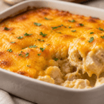 Simple cheesy chicken and rice casserole baked in a white dish with golden melted cheddar, creamy rice, and tender chicken, an easy weeknight chicken and rice bake.