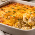 Simple cheesy chicken and rice casserole baked in a white dish with golden melted cheddar, creamy rice, and tender chicken, an easy weeknight chicken and rice bake.