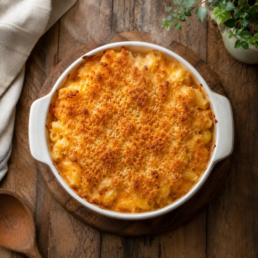 baked macaroni hack — boxed mac and cheese with golden panko breadcrumb topping in a white ceramic dish