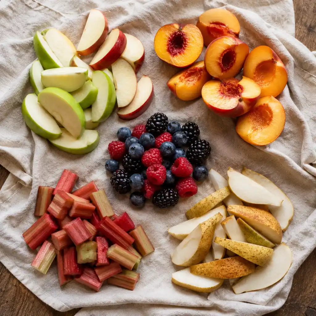 best fruits for crumble flat lay showing apples, peaches, mixed berries, rhubarb, and pears on linen cloth