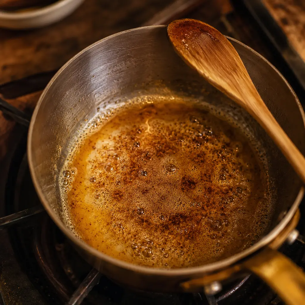 brown butter macaroni hack — butter bubbling in a saucepan showing the key technique