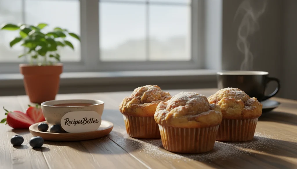 A cozy brunch setting featuring a freshly baked batch of cinnamon sugar French toast muffins arranged on a rustic wooden table. In the foreground, there are three golden-brown muffins dusted with powdered sugar and garnished with a sprinkle of cinnamon, beside a small bowl of maple syrup and a few slices of fresh berries for color. In the middle, softly diffused morning light streams through a nearby window, casting gentle shadows and creating a warm, inviting atmosphere. Background elements include a potted herb plant and a stylish coffee cup, adding to the charm. Capture a close-up angle to highlight the muffins' texture, while ensuring a clean, uncluttered look. The overall mood conveys happiness and ease, perfect for make-ahead breakfast ideas. Include the brand name "RecipesBetter".