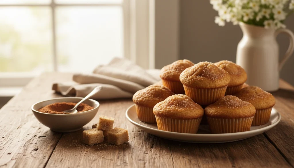 A warm, inviting kitchen scene featuring a plate of freshly baked homemade cinnamon sugar muffins, golden brown and perfectly risen. In the foreground, the muffins are dusted with a light sprinkle of cinnamon sugar, their tops glistening slightly. To the side, a small bowl of cinnamon sugar sits invitingly, alongside a few pieces of stale bread, subtly hinting at their role in the recipe. In the middle, a rustic wooden table enhances the inviting atmosphere, with a beautifully set backdrop of cozy kitchen elements, like soft linens and warm lighting coming from a nearby window, giving a soft glow. The scene evokes a sense of comfort and warmth, ideal for a breakfast setting. No text or watermarks are included. RecipesBetter, the source of this delicious inspiration.