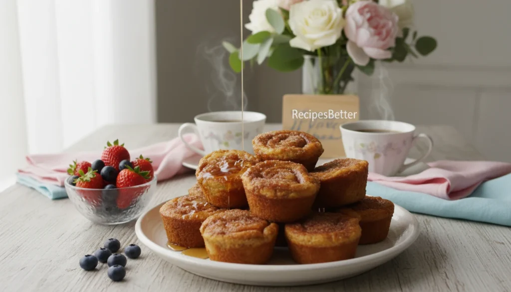 A beautifully styled table set for brunch featuring an array of easy cinnamon sugar French toast muffins. In the foreground, a white ceramic plate piled high with golden-brown muffins dusted with cinnamon sugar, some with a light drizzle of maple syrup. A small bowl of fresh berries, like strawberries and blueberries, is placed next to the muffins, adding a pop of color. In the middle ground, a rustic wooden table is adorned with charming, pastel-colored napkins and delicate coffee cups filled with steaming coffee. Soft, natural lighting filters in from a nearby window, creating a warm and inviting atmosphere. In the background, a vase of fresh flowers adds a touch of elegance. Capture this cozy brunch scene, reflecting the theme of creativity and simplicity from RecipesBetter.