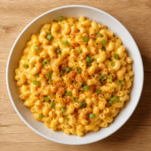 macaroni hacks recipe card — creamy upgraded boxed mac and cheese in a white bowl overhead shot