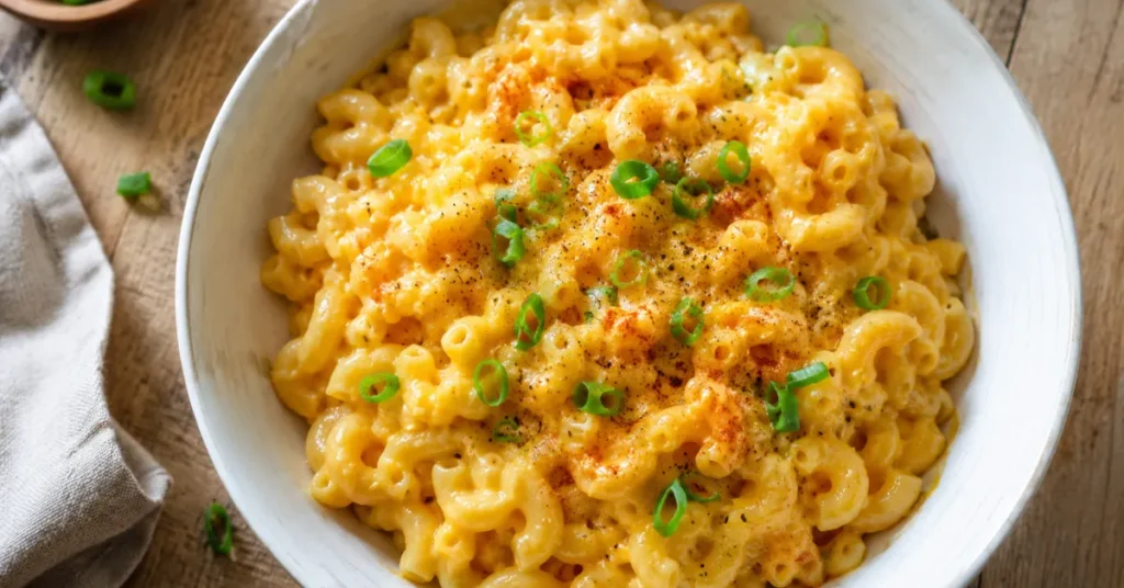 macaroni hacks — creamy upgraded boxed mac and cheese in a white bowl with green onions and smoked paprika