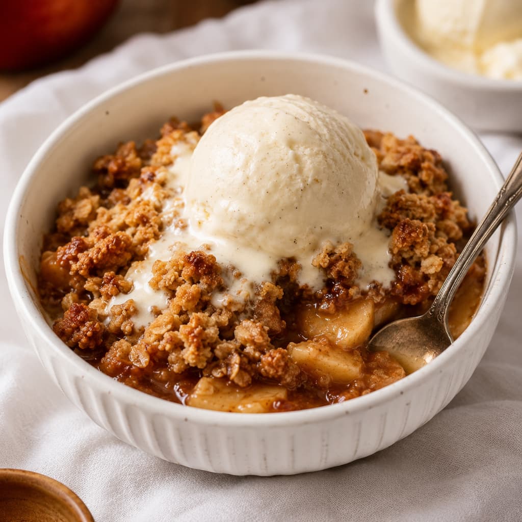 single serving of easy crumble recipe in a white ceramic bowl with golden oat topping and melting vanilla ice cream