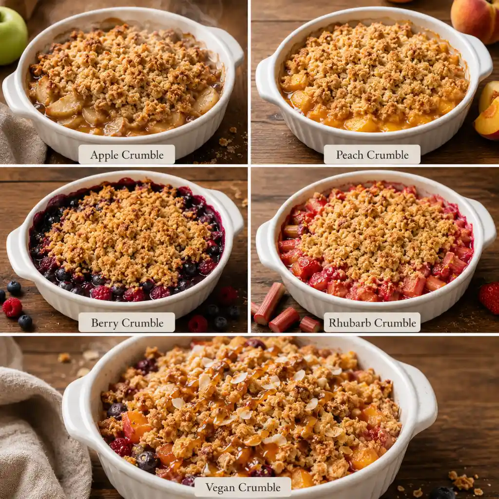 five crumble recipe variations in a grid including apple, peach, berry, rhubarb, and vegan crumble in white baking dishes