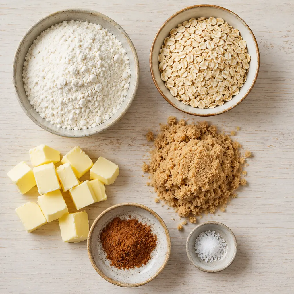 crumble recipe topping ingredients flat lay including flour, rolled oats, brown sugar, cold butter, and cinnamon on a wooden surface