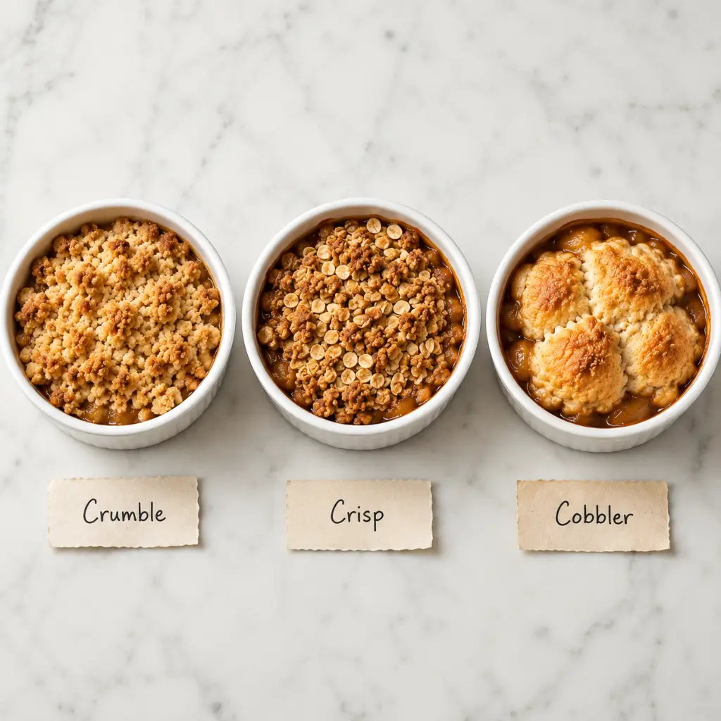 three ramekins showing the difference between crumble crisp and cobbler toppings side by side