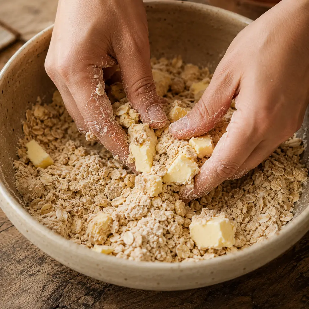 hands rubbing cold butter into flour and oats to make crumble topping in a large ceramic mixing bowl