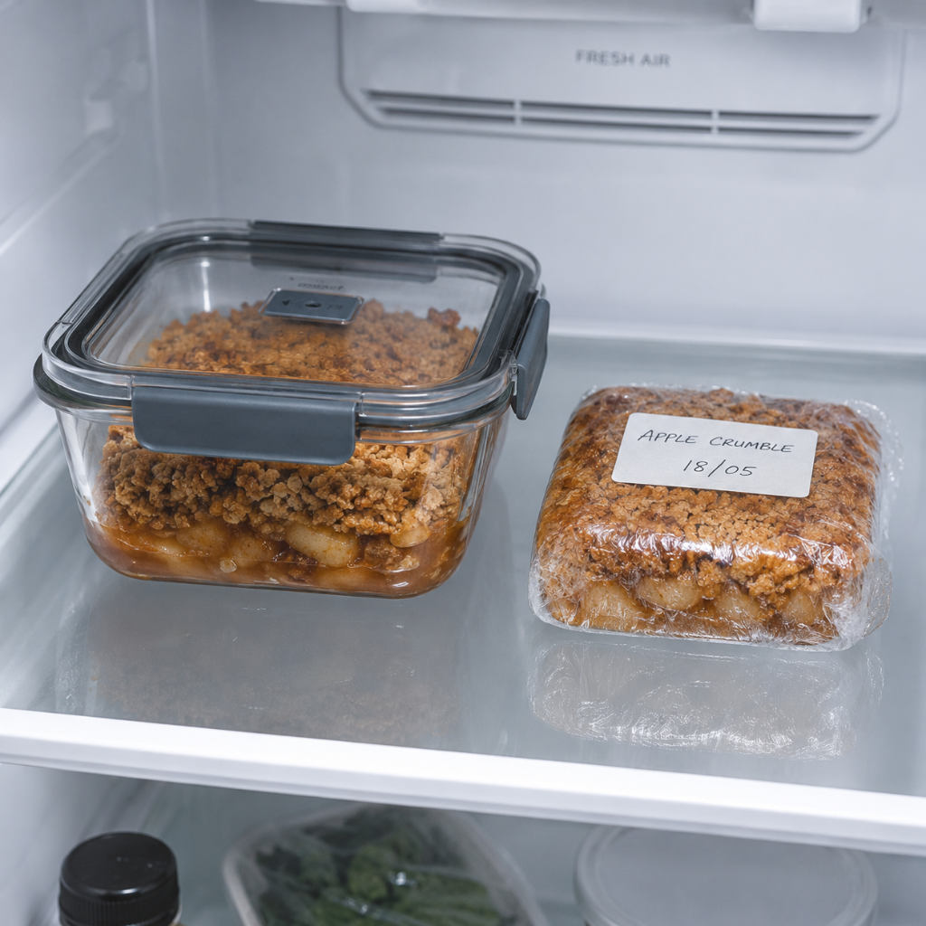 leftover crumble recipe stored in a glass airtight container in the refrigerator with a handwritten date label