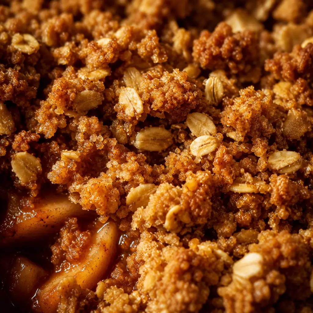 Close-up of the golden oat crumble topping on a rhubarb crisp recipe, showing the crispy brown sugar texture and fruit filling underneath.