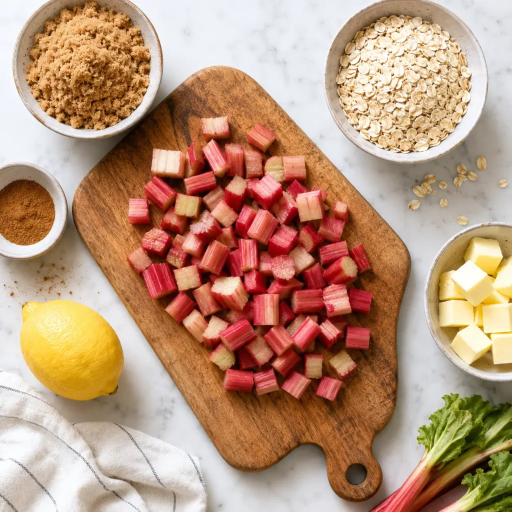 Fresh chopped rhubarb on a wooden cutting board with oats, brown sugar, cinnamon, lemon, and butter for a rhubarb crisp recipe.