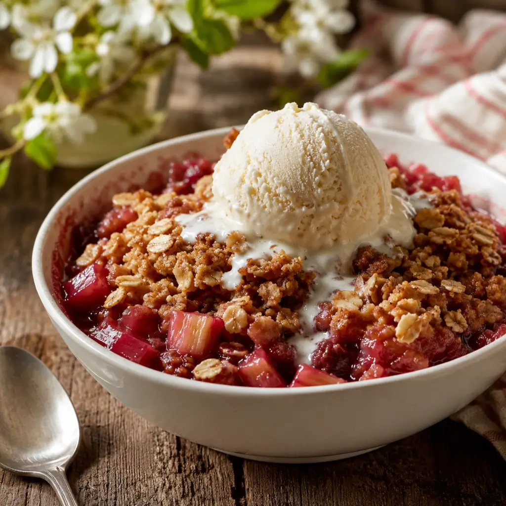 White ceramic bowl of rhubarb crisp recipe with golden oat topping and melting vanilla ice cream over warm red fruit filling on a rustic wooden table.