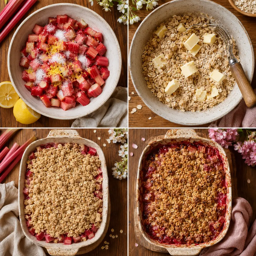 Four-step rhubarb crisp recipe collage showing chopped rhubarb with sugar and lemon, oat crumble topping mixed with butter, an unbaked homemade rhubarb crisp, and a golden baked easy rhubarb crisp with oats.