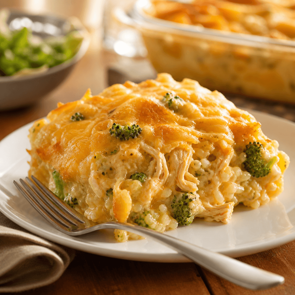 Close-up of a single serving of simple cheesy chicken and rice casserole on a white plate with shredded chicken, creamy rice, melted cheddar cheese, and broccoli.