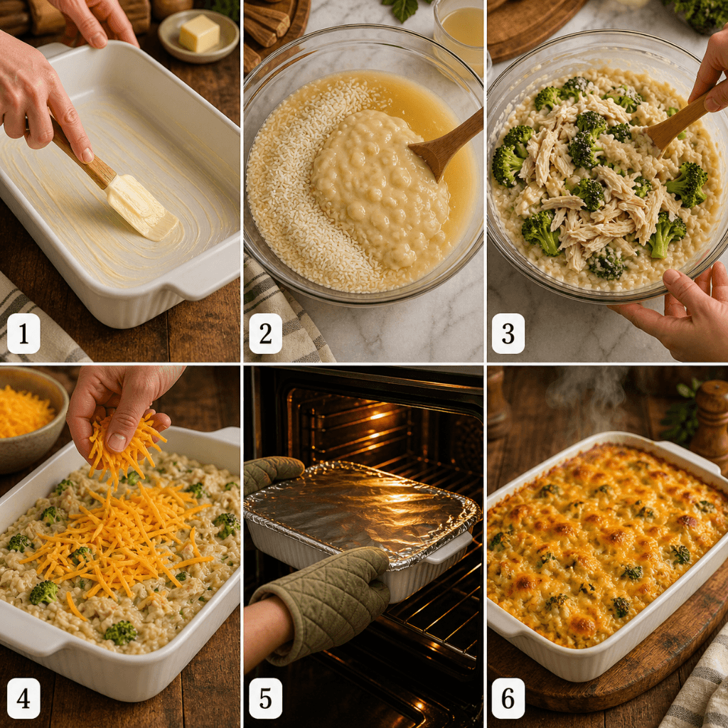 6-panel collage showing how to make a simple cheesy chicken and rice casserole, from buttering the baking dish to mixing, assembling, baking, and the finished golden casserole.