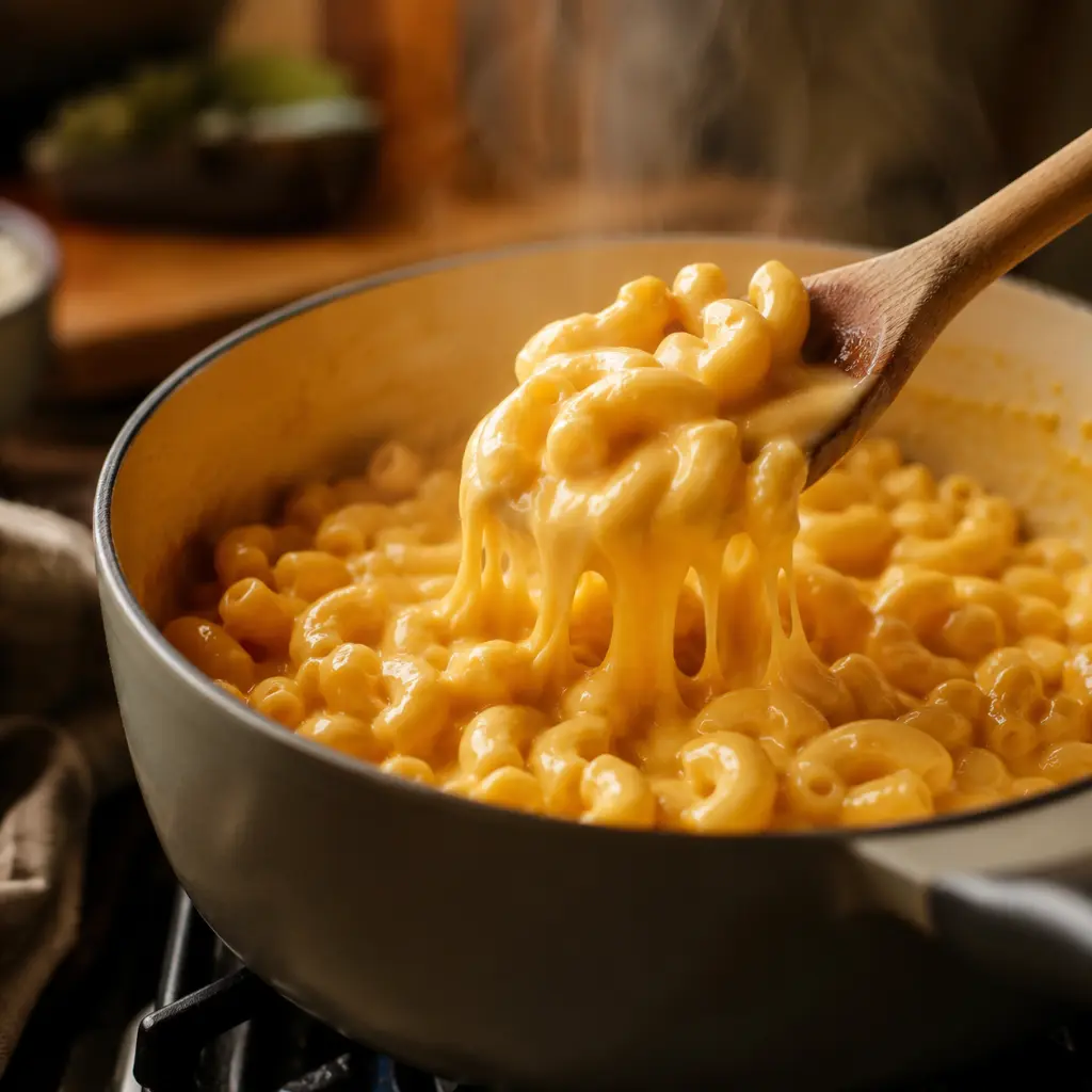 mac and cheese hack in action — wooden spoon stirring glossy creamy cheese sauce over elbow macaroni